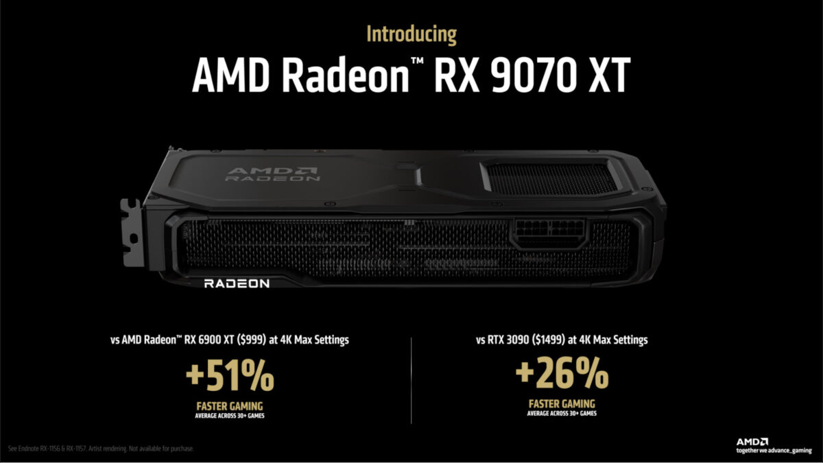 Radeon RX 9070 XT MBA artistic rendering, surrounded by text claiming that it is 51% faster than RX 6900 XT at 4K and 26% faster than GeForce RTX 3090 at 4K.