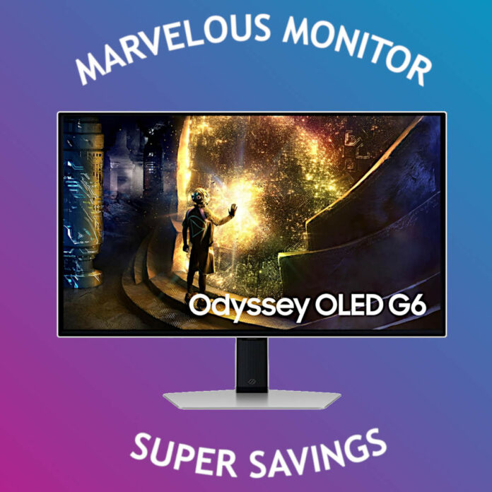 Samsung Odyssey G6 QD-OLED monitor, surrounded by curved text 'Marvelous Monitor' (top) and 'Super Savings' (bottom).