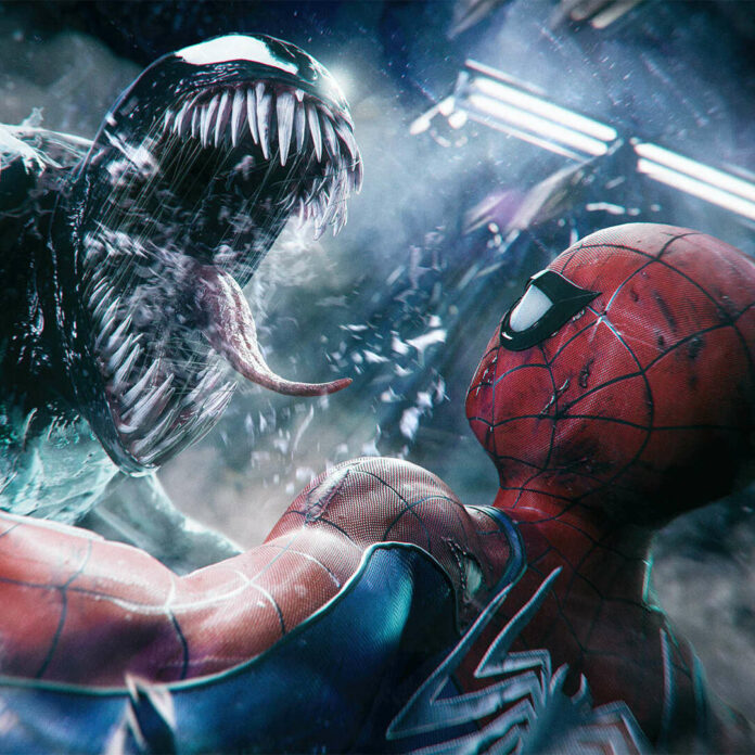 Venom (left) roars in Spider-Man's (right) face.