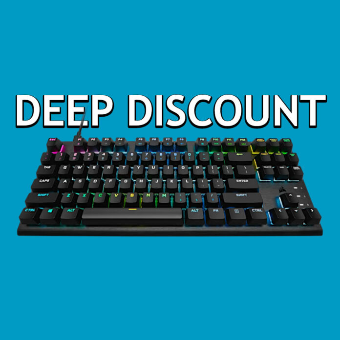 K60 Pro TKL RGB keyboard against a blue backdrop, with the phrase 'deep discount' written above it.