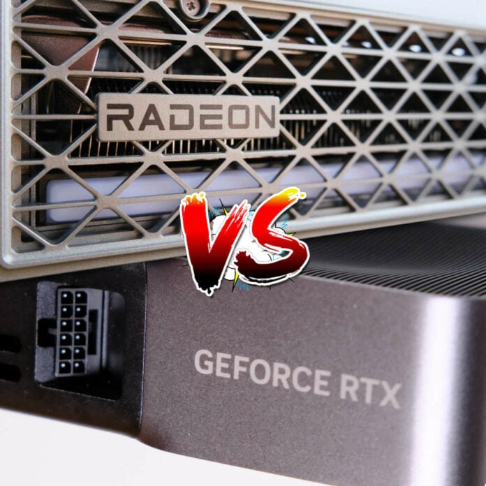 AMD Radeon RX 9070 XT Nitro+ and Nvidia GeForce RTX 5070 graphics cards with a versus symbol between them.