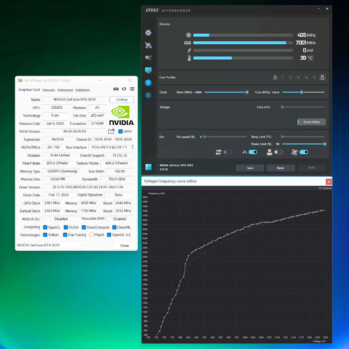 Nvidia GeForce RTX 5070 overclocking metrics.