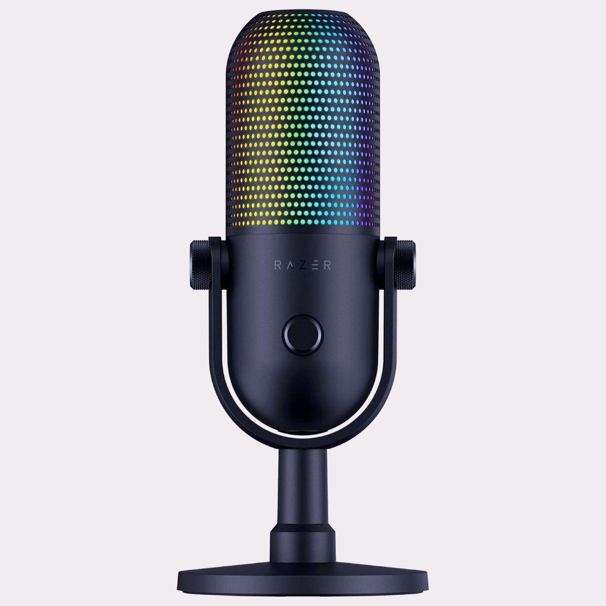 Razer Seiren V3 Chrome facing forward against a grey background.