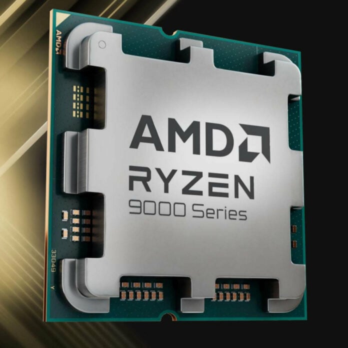 3D render of Ryzen 9000 Series processor floating against a gold-black background.