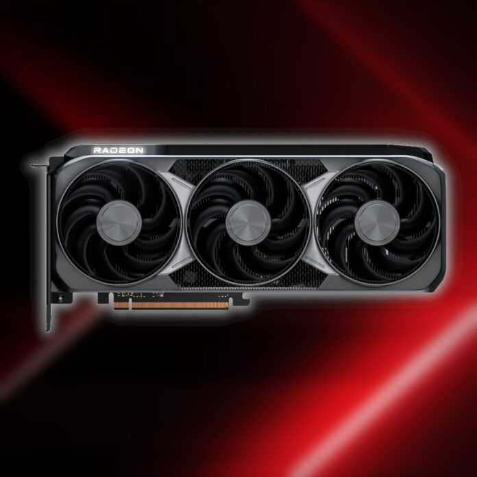 AMD Radeon RX 9070 XT render, surrounded by white light, against a red-black backdrop