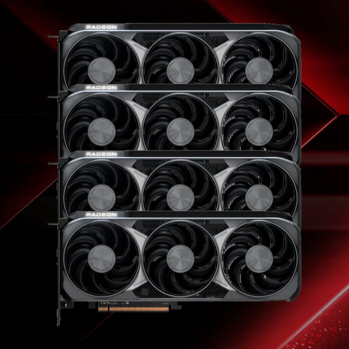 Four Radeon RX 9070 XT graphics cards stacked on top of one another, against a background of a red chevron.