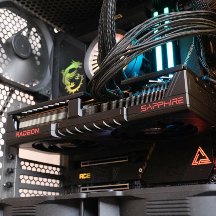 Sapphire Pulse Radeon RX 9070 sits inside a PC.