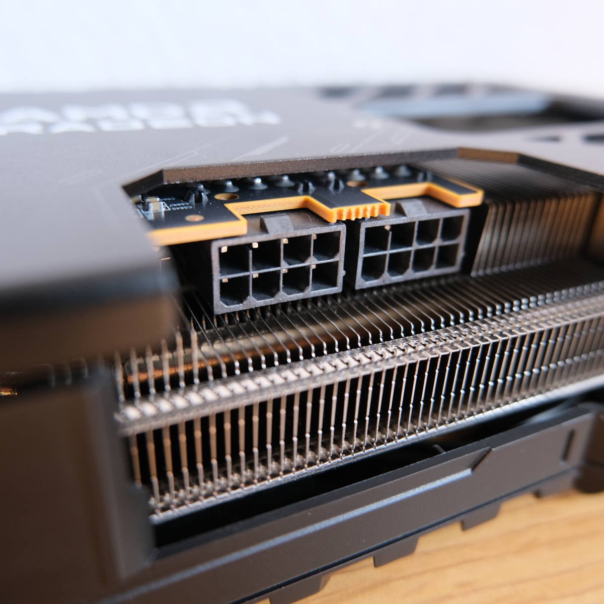 Close up of eight-pin power connectors on Sapphire Pulse Radeon RX 9070.