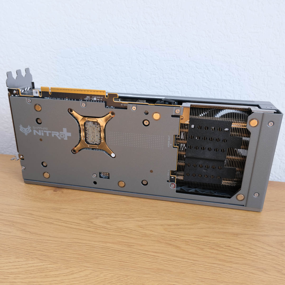 Back of Sapphire Nitro+ Radeon RX 9070 XT, its magnetic backplate removed.