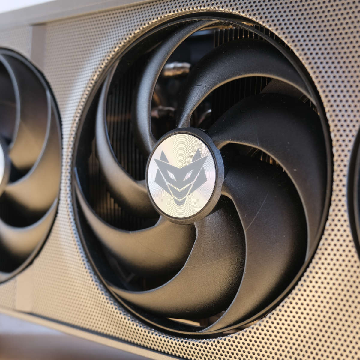 Close up of Sapphire Nitro+ Radeon RX 9070 XT fan.