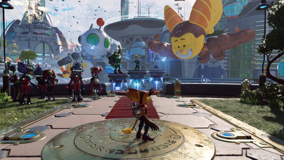 A screenshot of Ratchet & Clank: Rift Apart running at max settings using FSR 3 in Performance Mode at 4K.