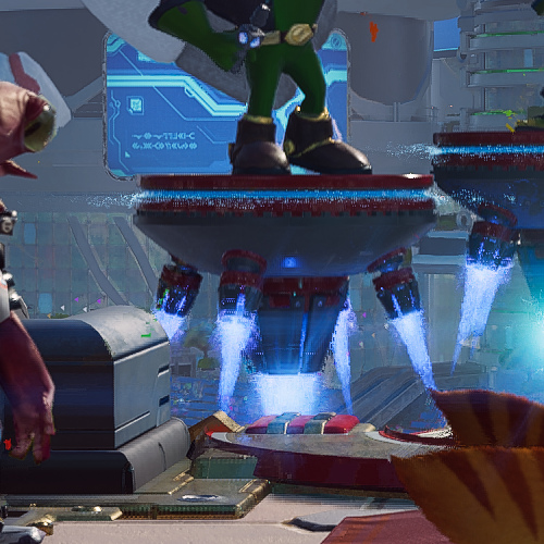 A close up of a podium with blue fire shooting down from underneath it in Ratchet & Clank: Rift Apart, using FSR 3.