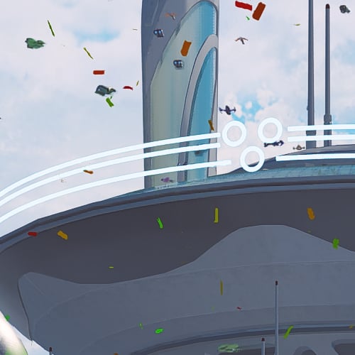 Zoomed in shot of confetti raining down from the sky in Ratchet & Clank: Rift Apart using FSR 4.