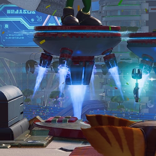 A close up of a podium with blue fire shooting down from underneath it in Ratchet & Clank: Rift Apart, using FSR 4.