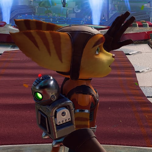 Close up of Ratchet and Clank, demonstrating ghosting behind the character's hand as well as confetti falling by them.