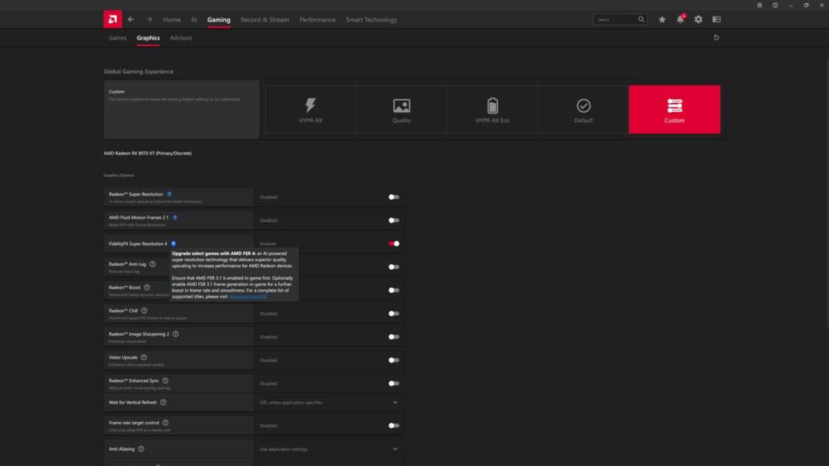 AMD Software, in which FSR 4 is enabled as indicated by its green toggle.