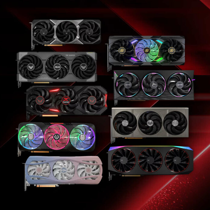 A collection of Radeon RX 9070 Series graphics cards against a red chevron.