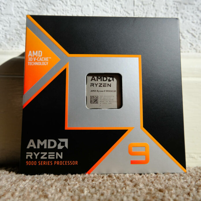 AMD Ryzen 9 9950X3D retail packaging, sat atop some carpet.