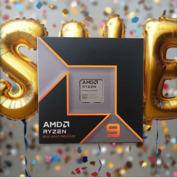 AMD Ryzen 9950X with SALE balloons in the background.