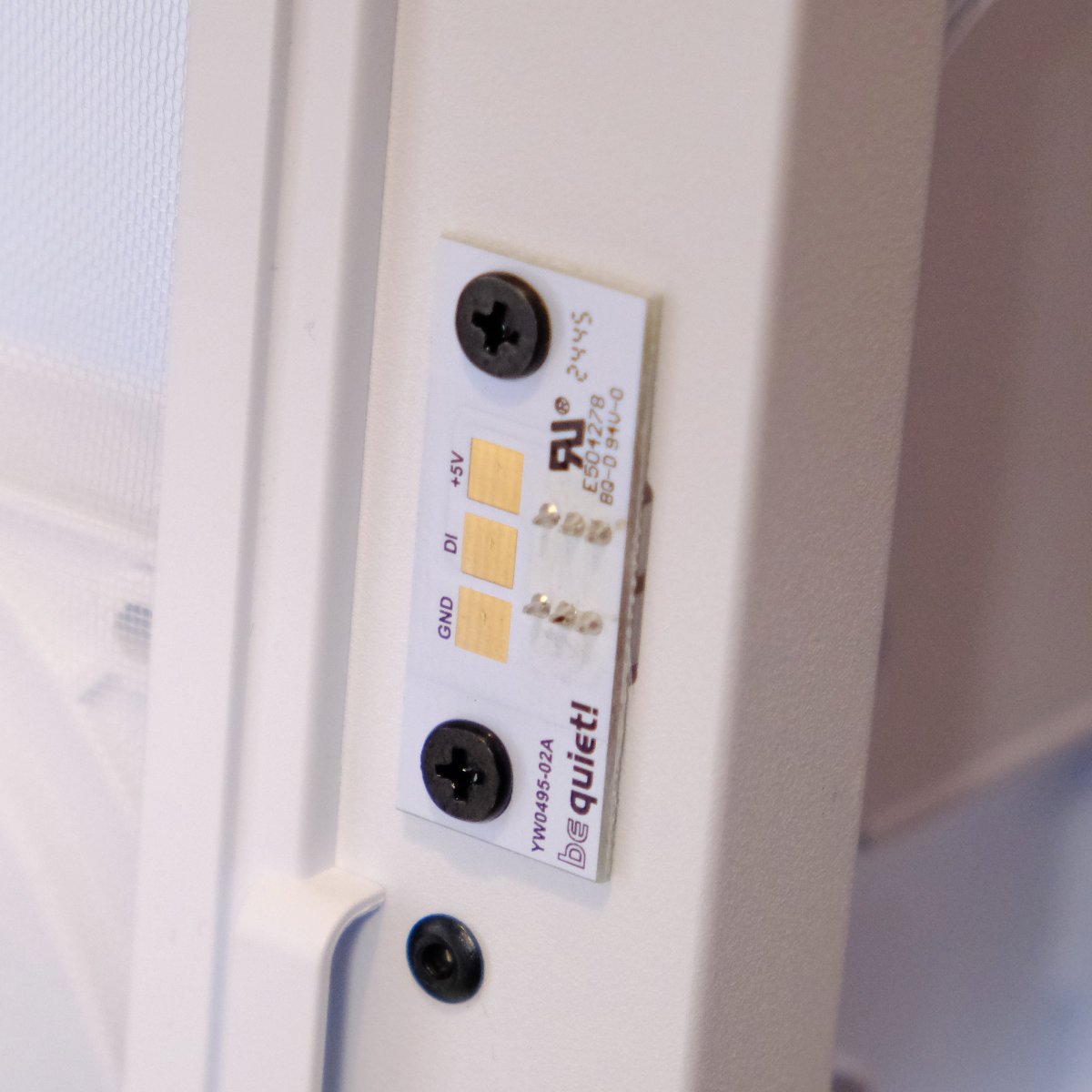 Close-up of be quiet! Pure Base 501 DX white PC case's light contact panel.