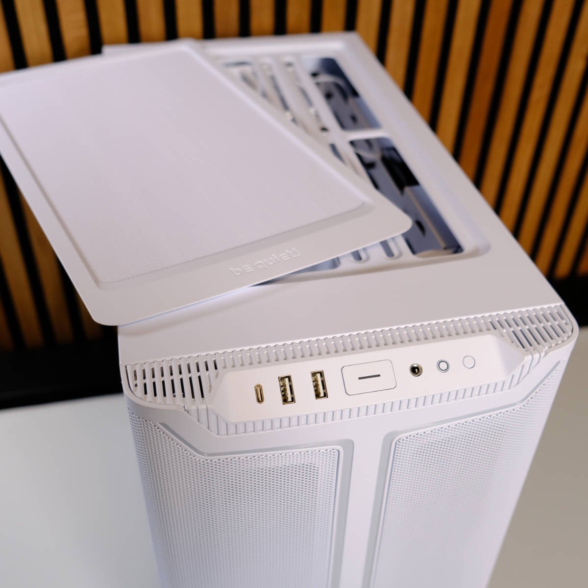 be quiet! Pure Base 501 DX white PC case with its magnetic top panel removed.