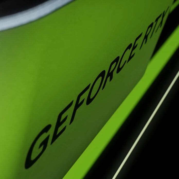 Close up of a GeForce RTX logo on an Nvidia Founders Edition graphics card, coloured in green.