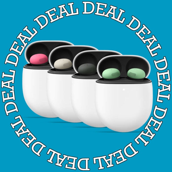 An assortment of Pixel Buds 2 Pro earbuds in various colours in their carrying cases, against a blue background, surrounded by the word 'DEAL'.