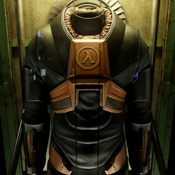 Gordon Freeman's iconic HEV suit stands upright in a capsule, remastered for Half-Life 2 RTX via Nvidia RTX Remix.