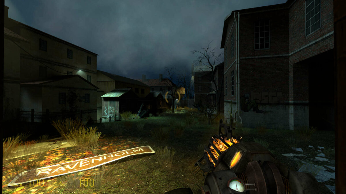 Screenshot from Half-Life 2 (2004), overlooking a courtyard in Ravenholm.