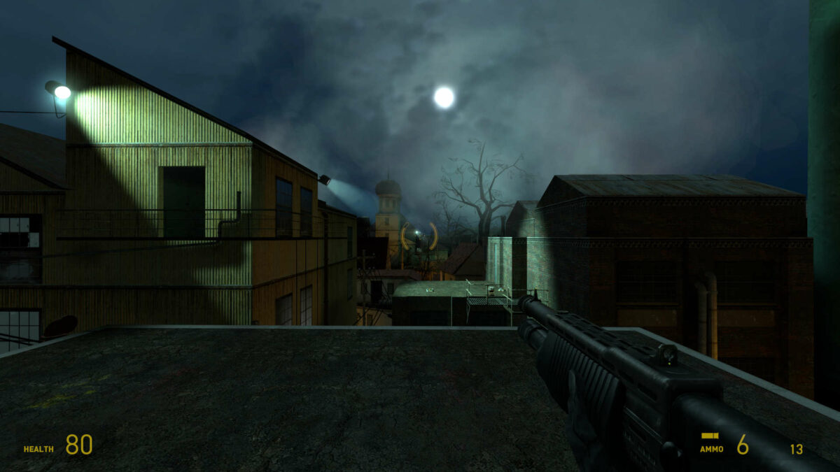 Overlooking a dark vista in Ravenholm in Half-Life 2.