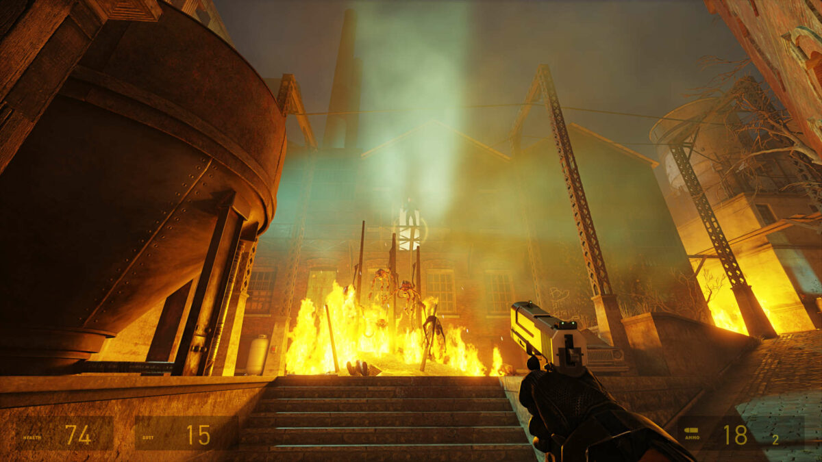 A burning pyre of corpses, with Father Grigori standing above them in Half-Life 2 RTX.