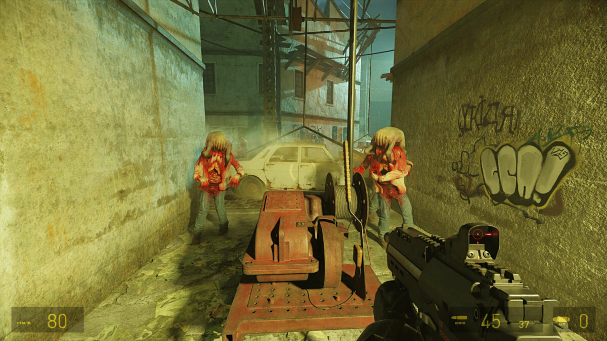 Headcrab zombies trudge towards the player, their horde partially squished by a car in Half-Life 2 RTX.