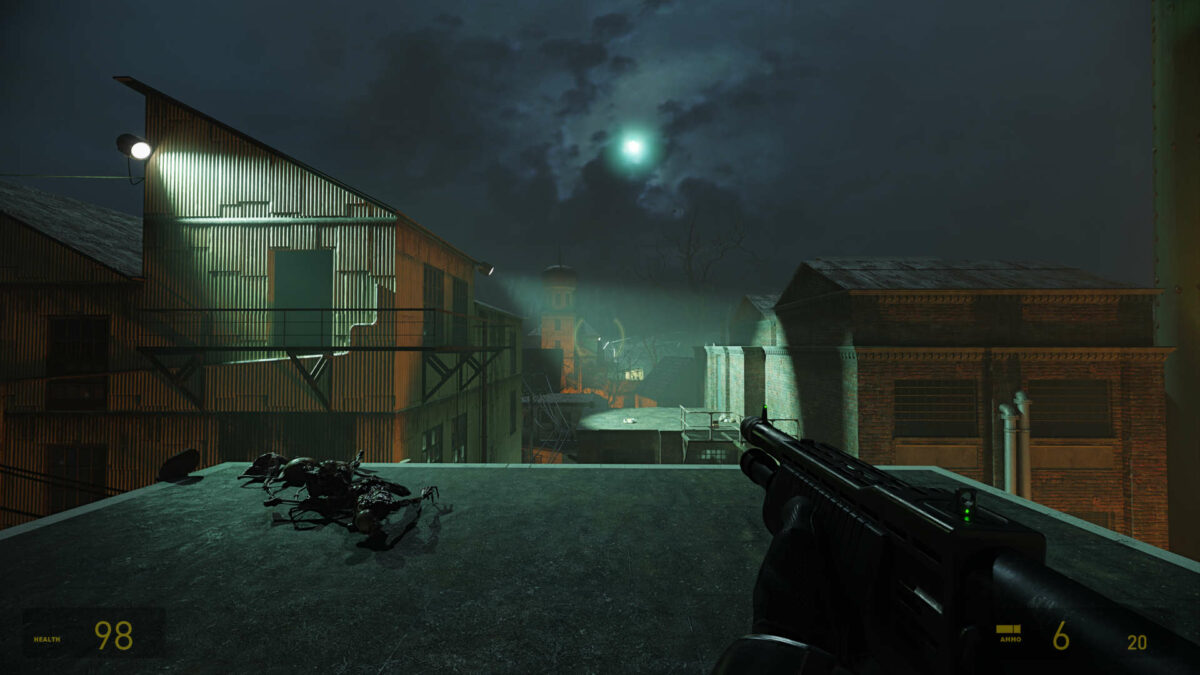 Overlooking a dark vista in Ravenholm in Half-Life 2 RTX.