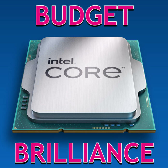 13th Gen Intel Core processor 3D render against a blue background, surrounded by text 'Budget' (top) and 'Brilliance' (bottom).