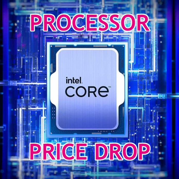 Artistic render of 13th Gen Intel Core processor, surrounded by a blue matrix of light, with the text 'processor' and 'price drop' appearing above and below it, respectively.