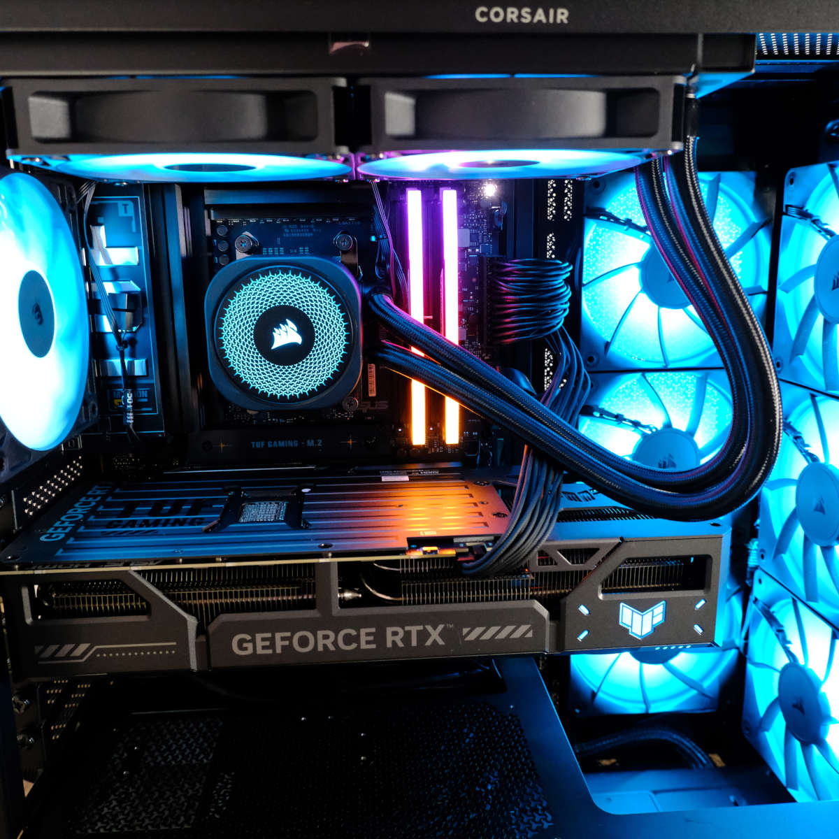 Close up of the internal components of PCSpecialist Pulse Pro R system, with all RGB set to blue.