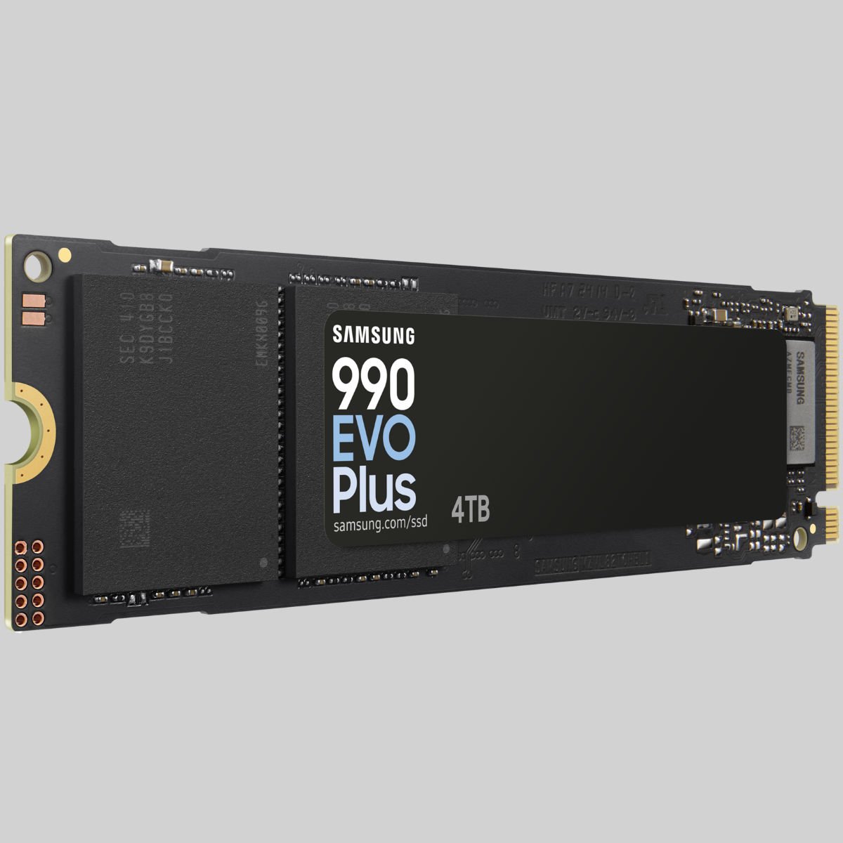 Samsung 990 Evo Plus SSD in 4TB against a grey background.